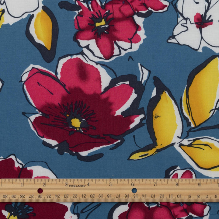 Blue and Fuchsia Floral Rayon Challis fabric with vibrant floral print, 54-inch width, perfect for dresses and blouses