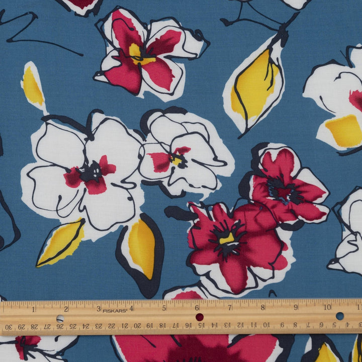 Blue and Fuchsia Floral Rayon Challis fabric with vibrant floral print, 54-inch width, perfect for dresses and blouses