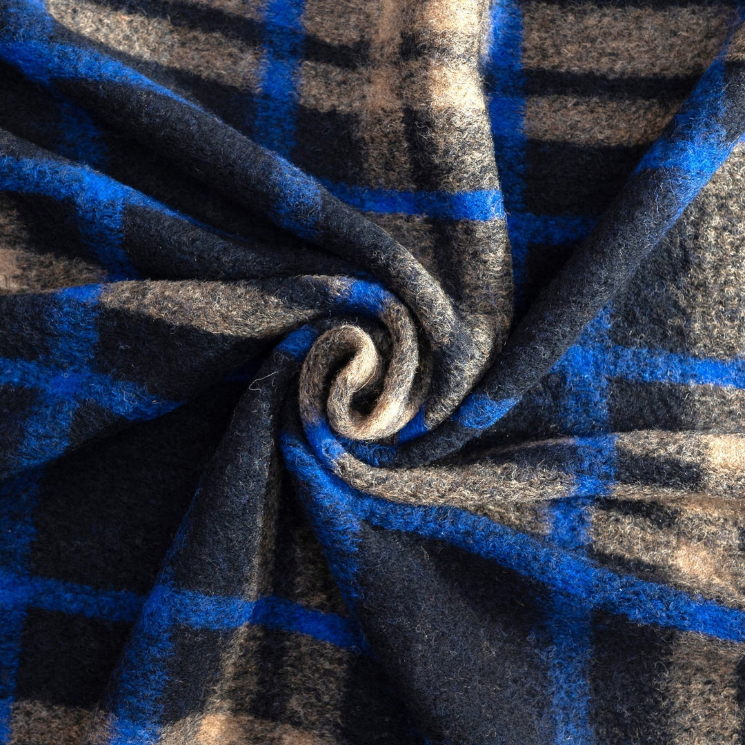 Black Cobalt Taupe Plaid Boiled Wool Fabric - Italian Deadstock Wool for Designer Coats & Jackets
