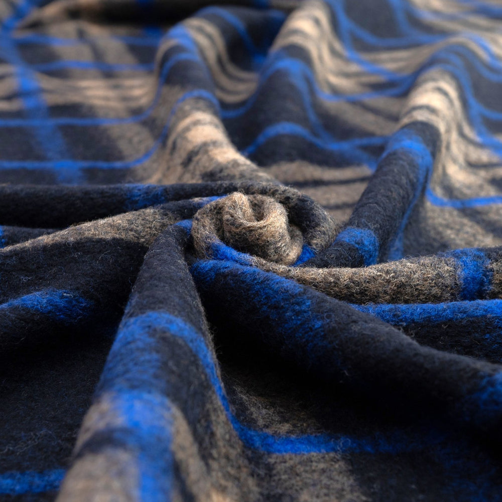 Black Cobalt Taupe Plaid Boiled Wool Fabric - Italian Deadstock Wool for Designer Coats & Jackets