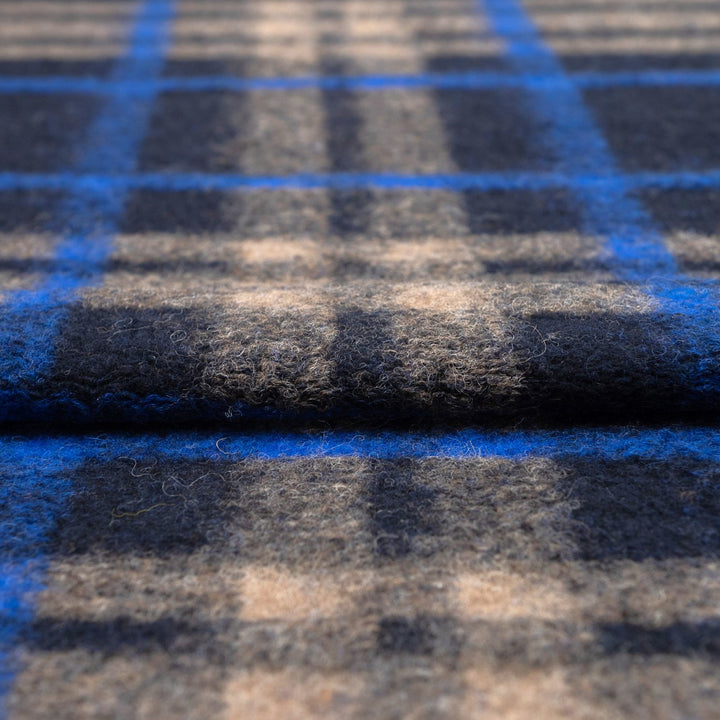 Black Cobalt Taupe Plaid Boiled Wool Fabric - Italian Deadstock Wool for Designer Coats & Jackets