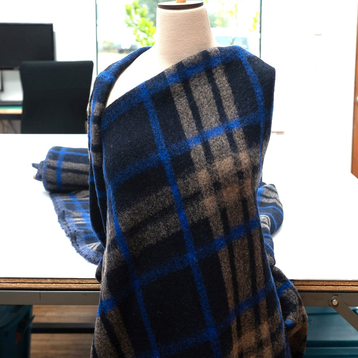Black Cobalt Taupe Plaid Boiled Wool Fabric - Italian Deadstock Wool for Designer Coats & Jackets