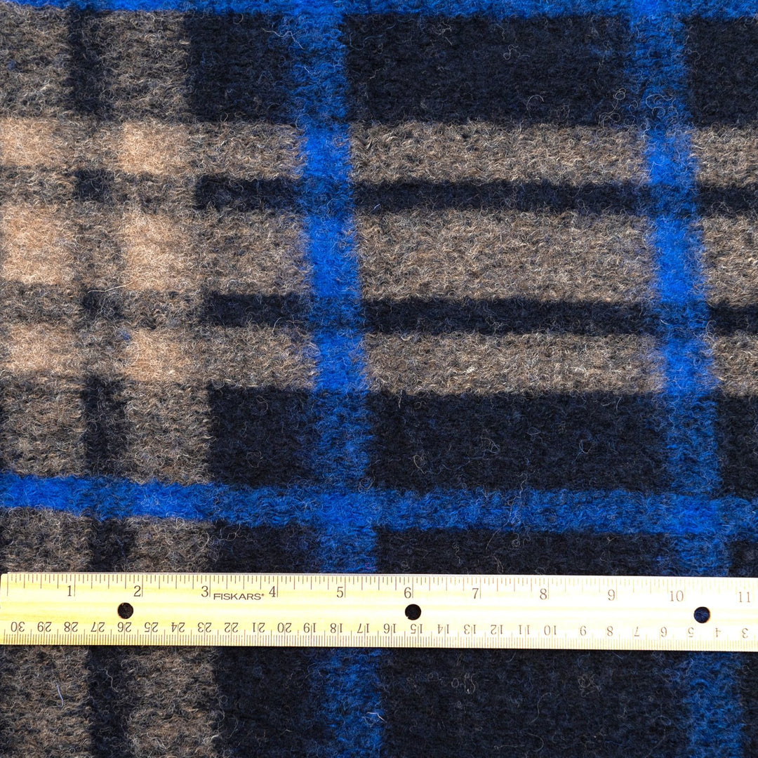 Black Cobalt Taupe Plaid Boiled Wool Fabric - Italian Deadstock Wool for Designer Coats & Jackets