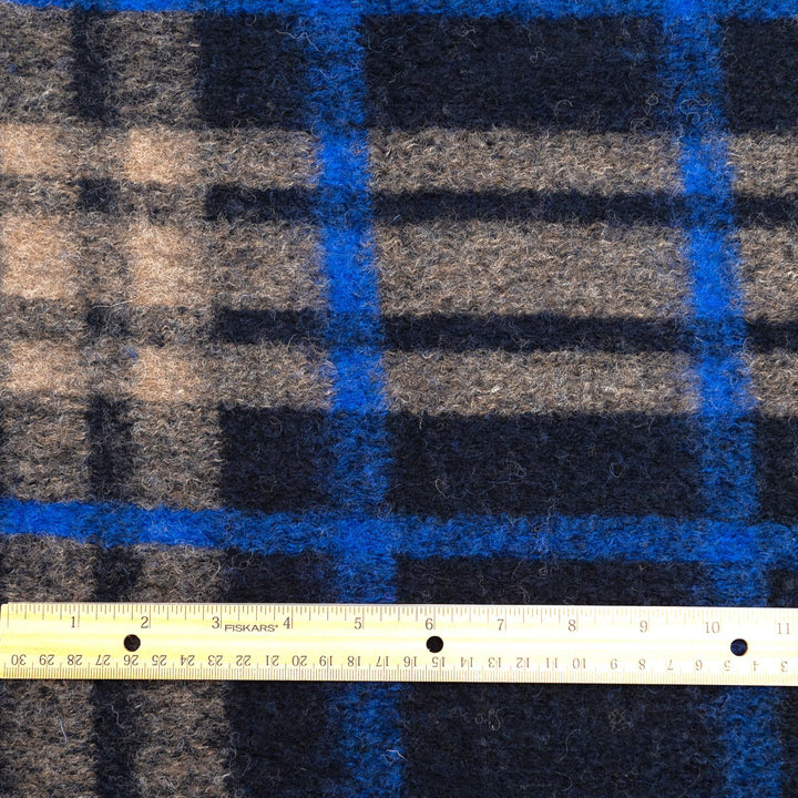 Black Cobalt Taupe Plaid Boiled Wool Fabric - Italian Deadstock Wool for Designer Coats & Jackets