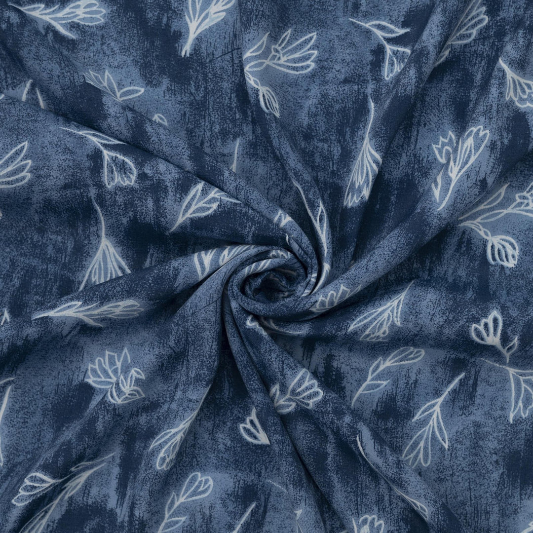 Rayon Crepe fabric soft blue with white painted flowers, 57 inch wide, perfect for dresses and tops