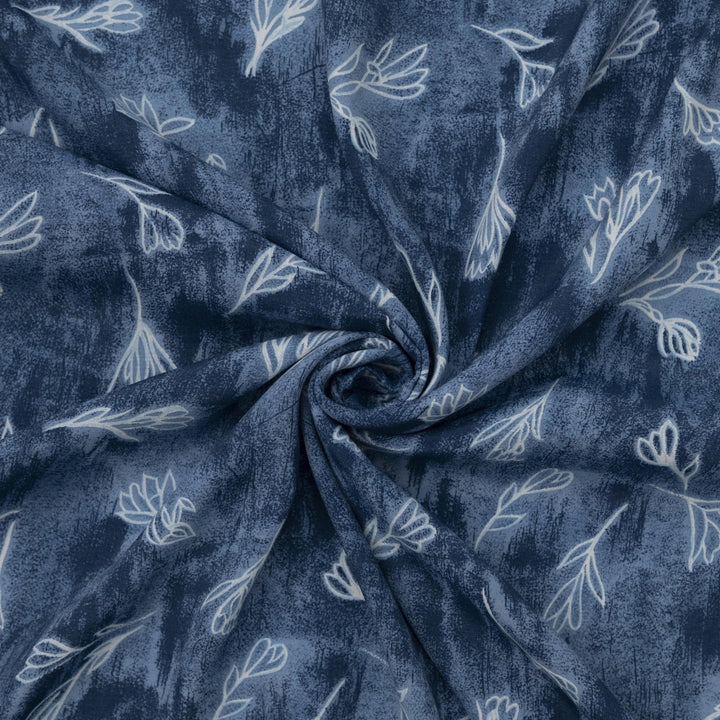 Rayon Crepe fabric soft blue with white painted flowers, 57 inch wide, perfect for dresses and tops