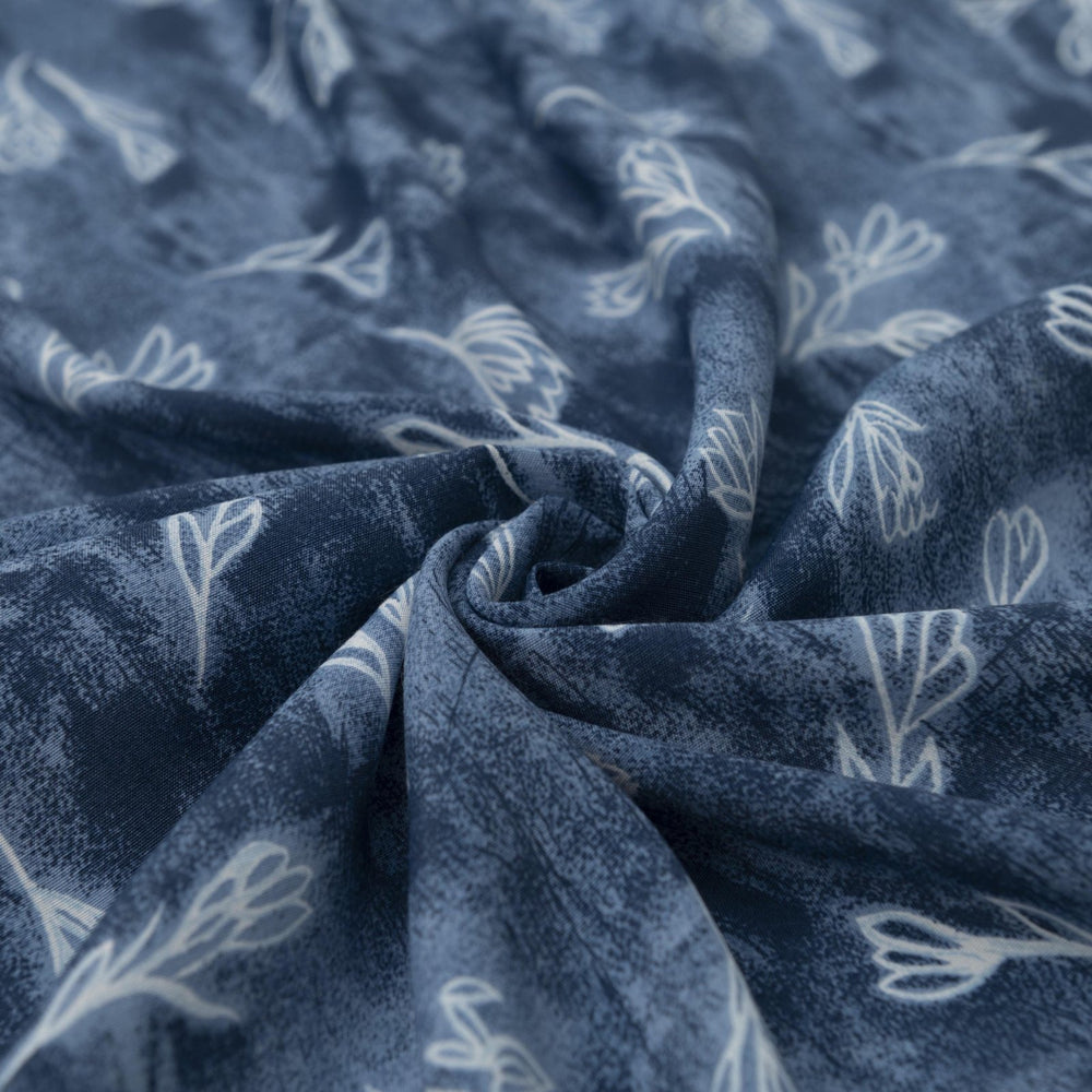 Rayon Crepe fabric soft blue with white painted flowers, 57 inch wide, perfect for dresses and tops