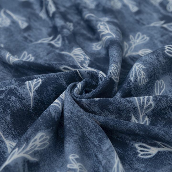 Rayon Crepe fabric soft blue with white painted flowers, 57 inch wide, perfect for dresses and tops