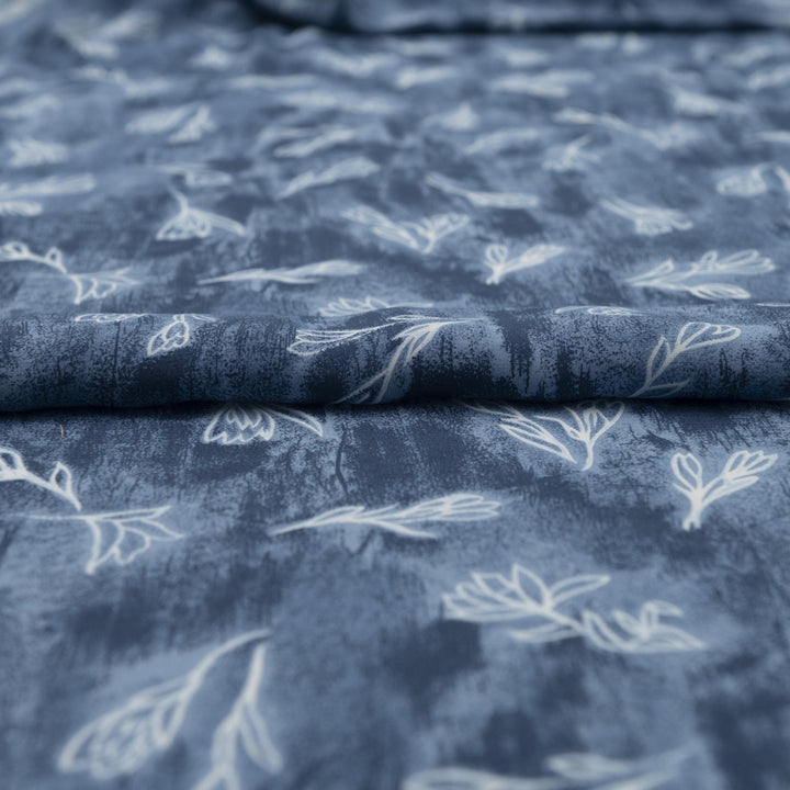 Rayon Crepe fabric soft blue with white painted flowers, 57 inch wide, perfect for dresses and tops