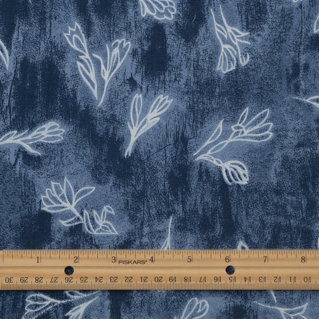 Rayon Crepe fabric soft blue with white painted flowers, 57 inch wide, perfect for dresses and tops