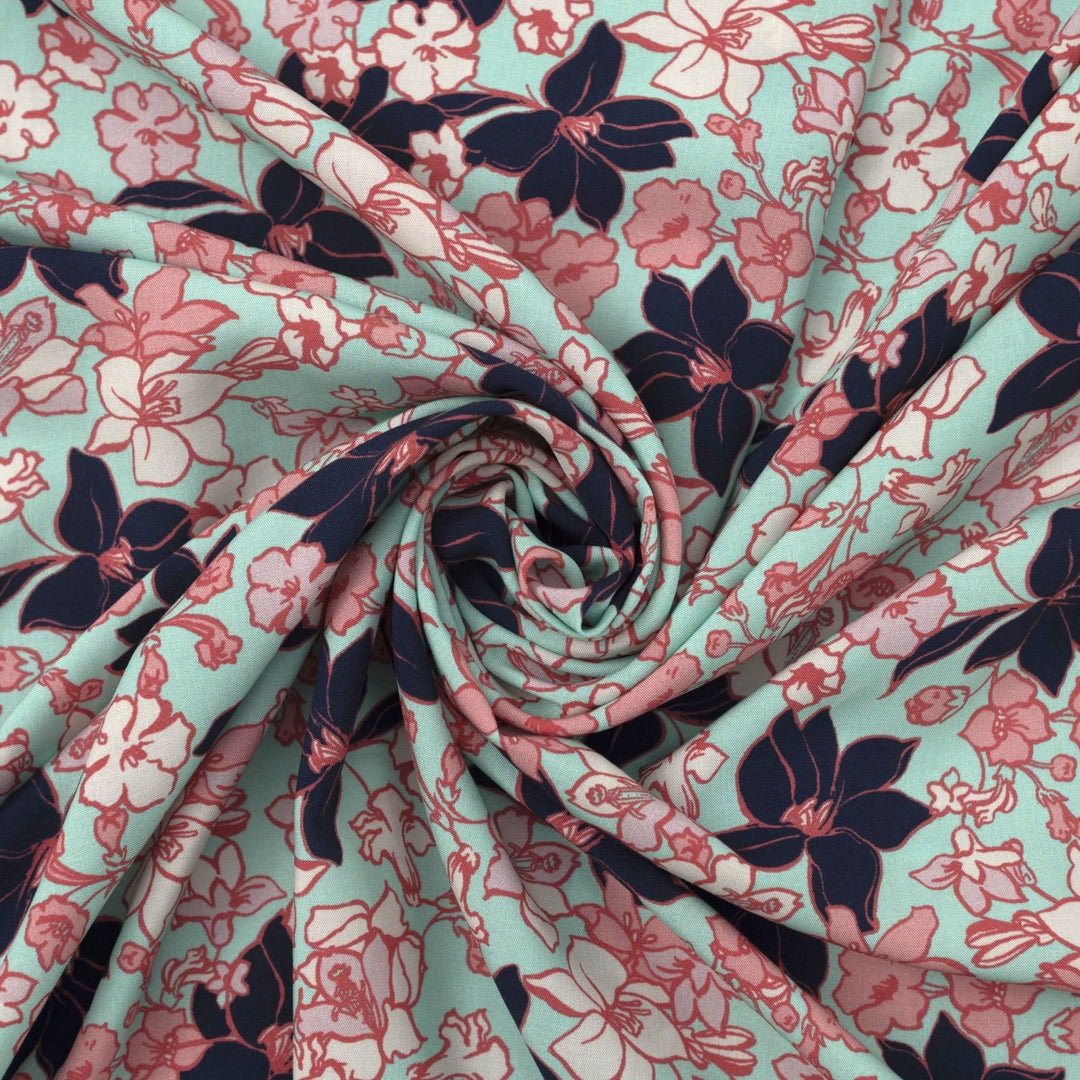 Rayon Challis Island Bloom fabric turquoise navy pink floral pattern 56-inch width