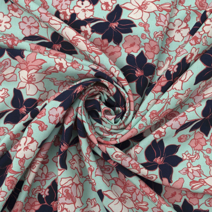 Rayon Challis Island Bloom fabric turquoise navy pink floral pattern 56-inch width
