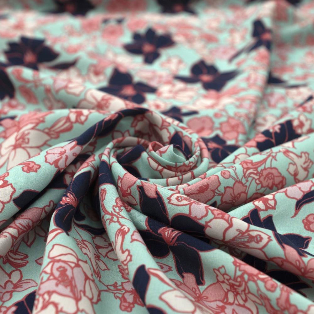Rayon Challis Island Bloom fabric turquoise navy pink floral pattern 56-inch width