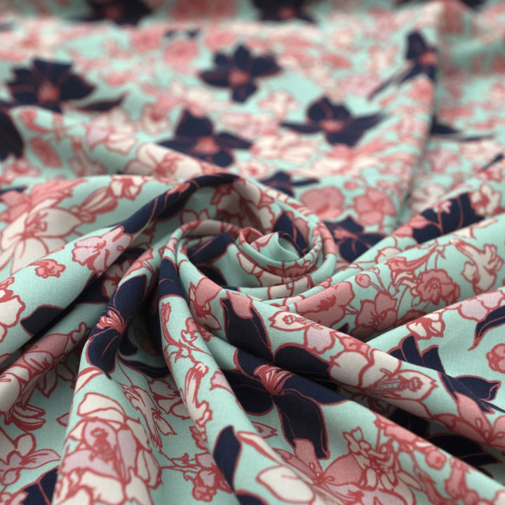 Rayon Challis Island Bloom fabric turquoise navy pink floral pattern 56-inch width
