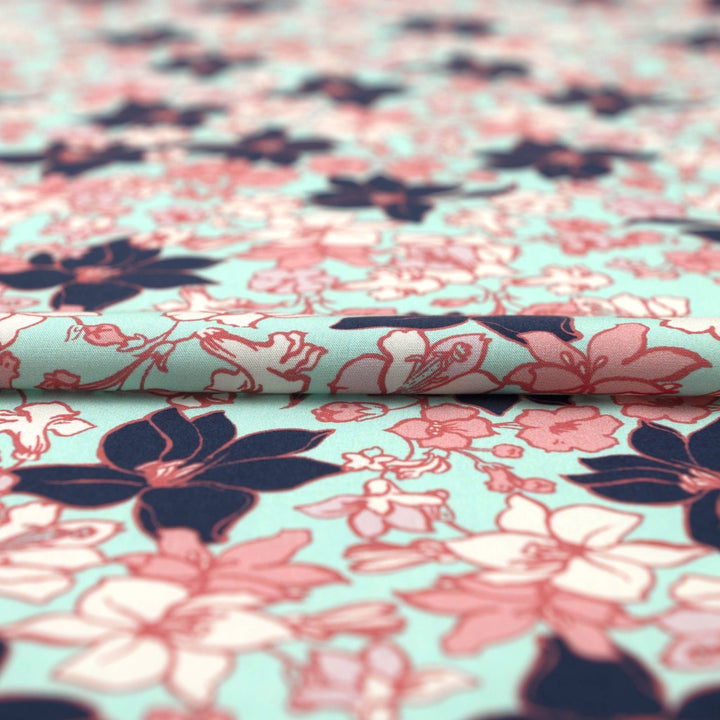 Rayon Challis Island Bloom fabric turquoise navy pink floral pattern 56-inch width