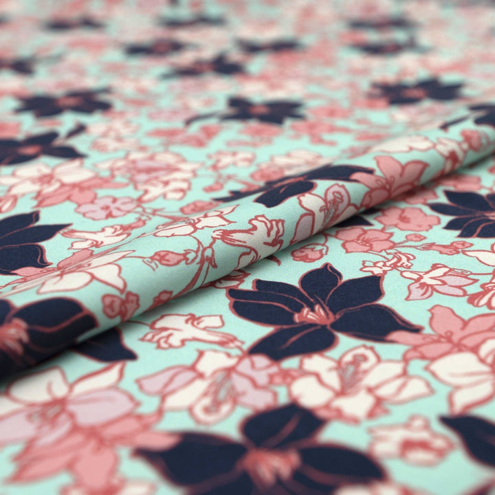 Rayon Challis Island Bloom fabric turquoise navy pink floral pattern 56-inch width
