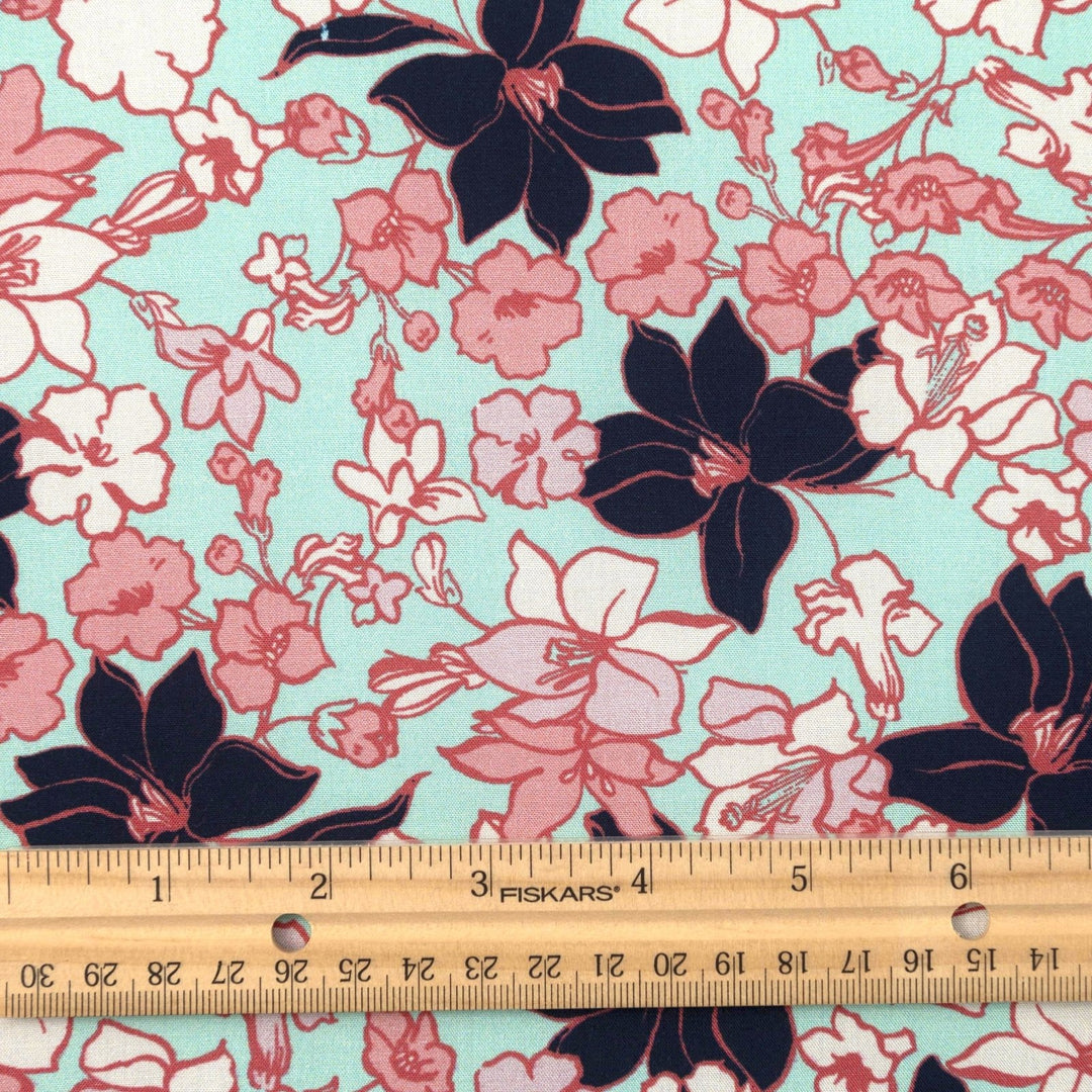 Rayon Challis Island Bloom fabric turquoise navy pink floral pattern 56-inch width