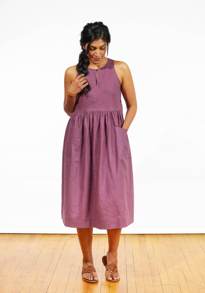 Grainline Studio Austin Dress sewing pattern sizes 0–18 with sleeveless bodice, keyhole opening, and customizable skirt options