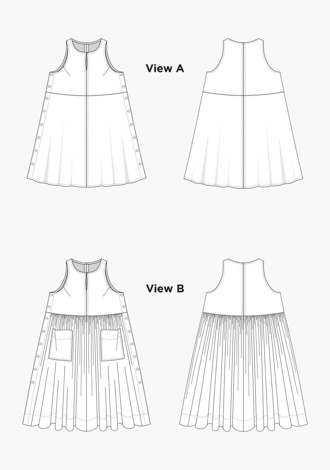 Grainline Studio Austin Dress sewing pattern for sizes 14–32 with sleeveless design, side button closures, and customizable skirt options