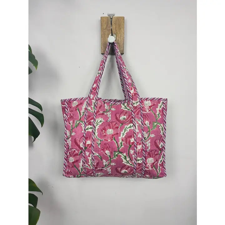 Quilted Cotton Market Bag - Pink Poppy (Reversible)