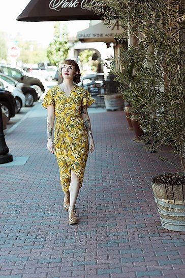 Sew to Grow Charlianne Wrap Dress sewing pattern, flutter sleeves, maxi tulip hem, tailored darts, elegant handmade dress