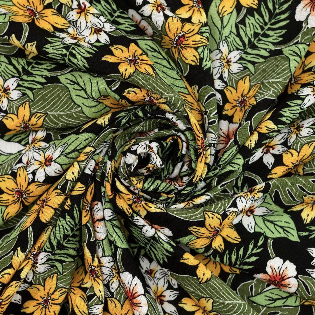 Rayon Crepe fabric "Enchanted Meadow" – soft 100% rayon deadstock textile with textured crepe surface, 53” wide, ideal for dresses, skirts, and blouses.