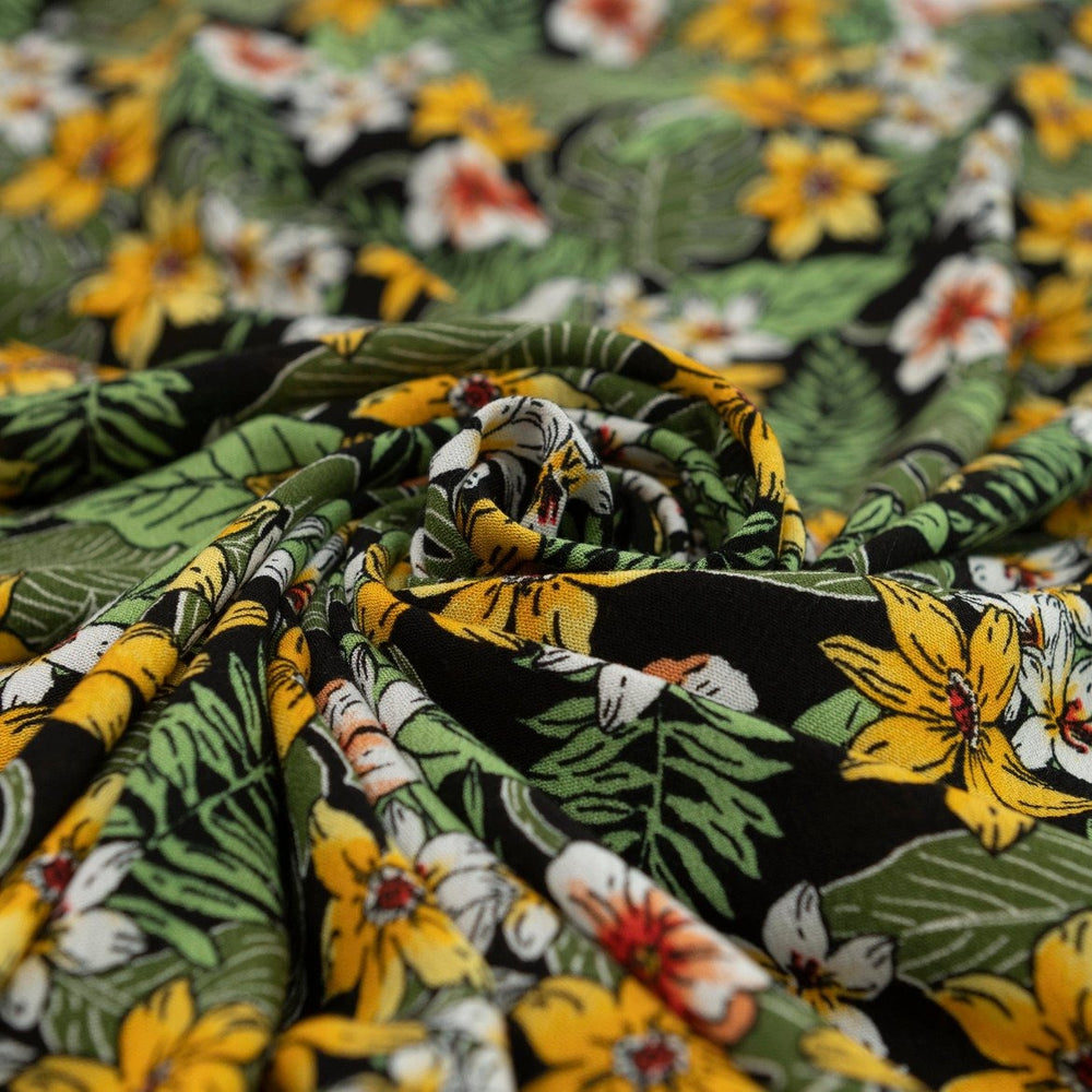 Rayon Crepe fabric "Enchanted Meadow" – soft 100% rayon deadstock textile with textured crepe surface, 53” wide, ideal for dresses, skirts, and blouses.