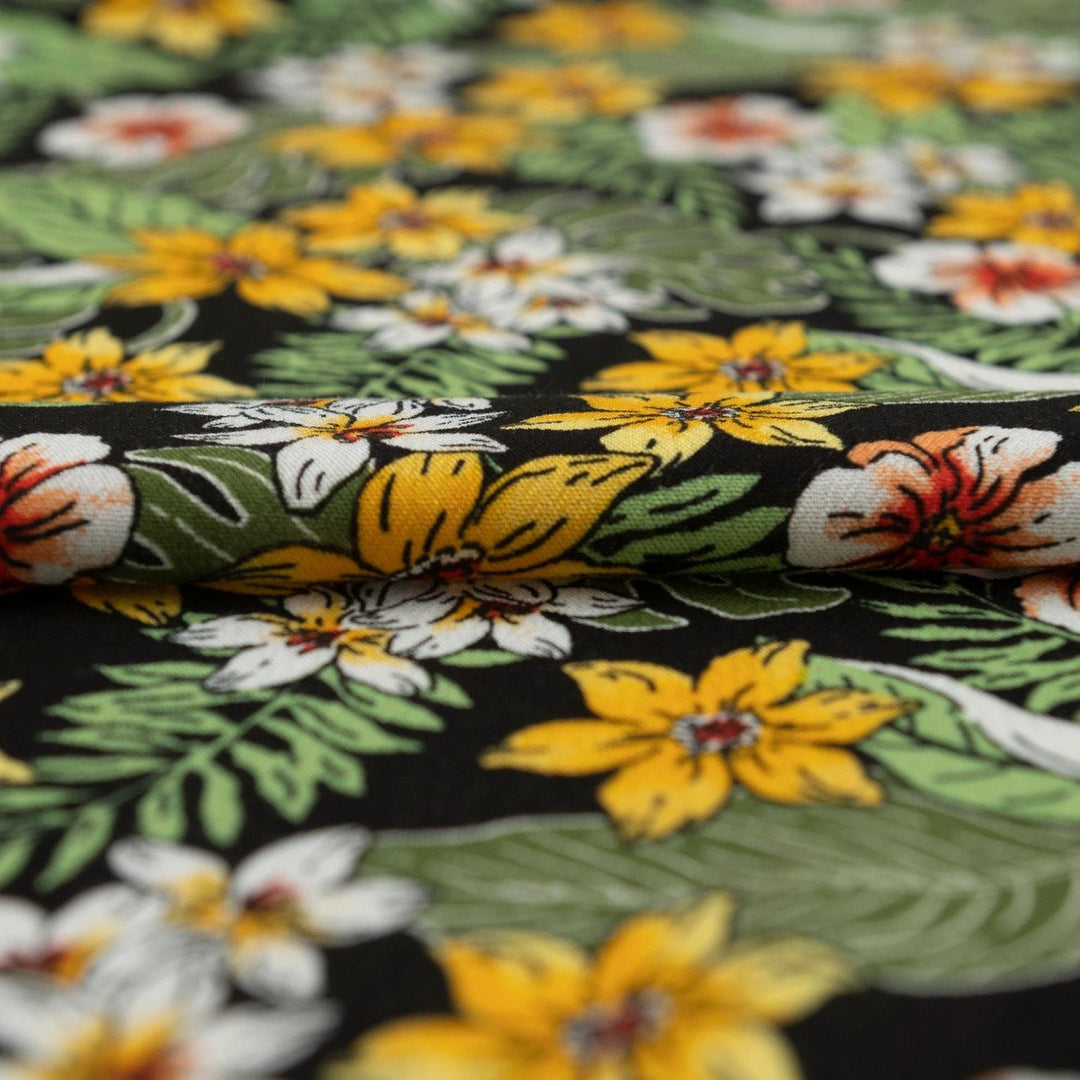Rayon Crepe fabric "Enchanted Meadow" – soft 100% rayon deadstock textile with textured crepe surface, 53” wide, ideal for dresses, skirts, and blouses.