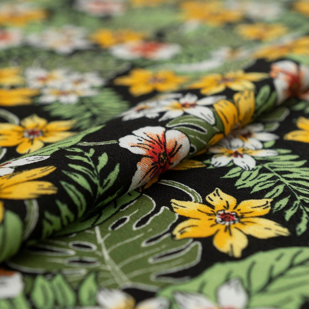Rayon Crepe fabric "Enchanted Meadow" – soft 100% rayon deadstock textile with textured crepe surface, 53” wide, ideal for dresses, skirts, and blouses.