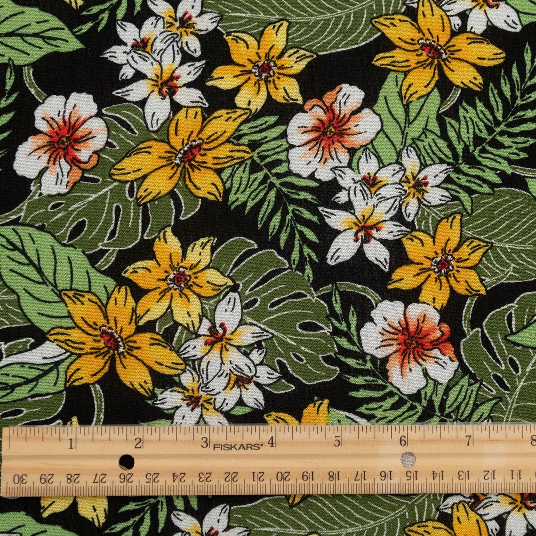 Rayon Crepe fabric "Enchanted Meadow" – soft 100% rayon deadstock textile with textured crepe surface, 53” wide, ideal for dresses, skirts, and blouses.