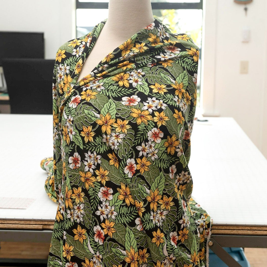Rayon Crepe fabric "Enchanted Meadow" – soft 100% rayon deadstock textile with textured crepe surface, 53” wide, ideal for dresses, skirts, and blouses.