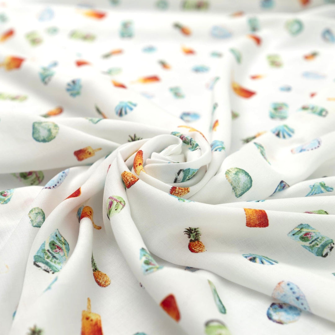Viscose Challis Summertime Fun lightweight fabric with vibrant summer print for dresses and skirts