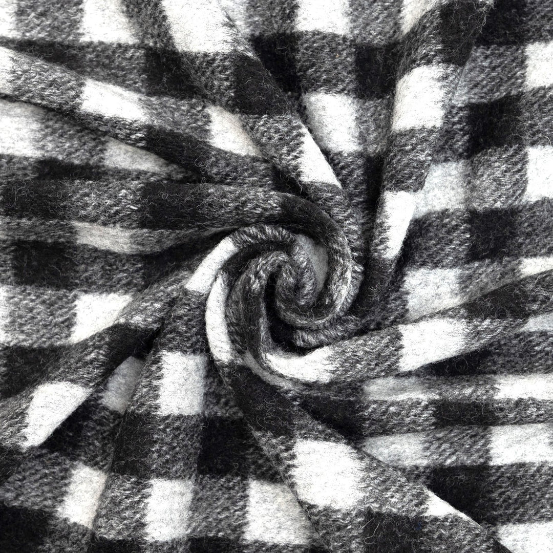 Black and White Buffalo Plaid Boiled Wool Fabric - Italian-Crafted Wool for Statement Coats & Jackets