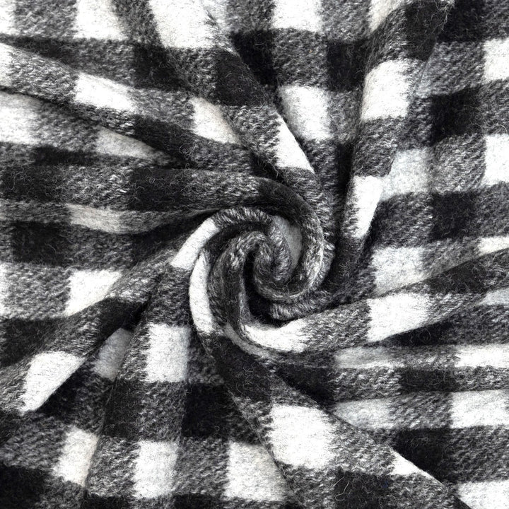 Black and White Buffalo Plaid Boiled Wool Fabric - Italian-Crafted Wool for Statement Coats & Jackets