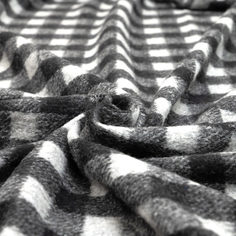 Black and White Buffalo Plaid Boiled Wool Fabric - Italian-Crafted Wool for Statement Coats & Jackets