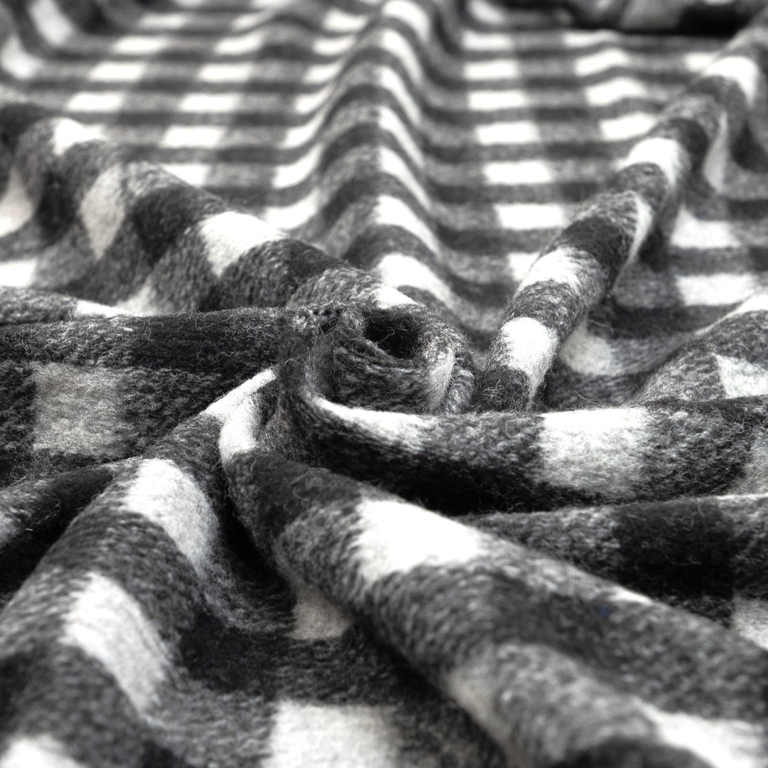 Black and White Buffalo Plaid Boiled Wool Fabric - Italian-Crafted Wool for Statement Coats & Jackets