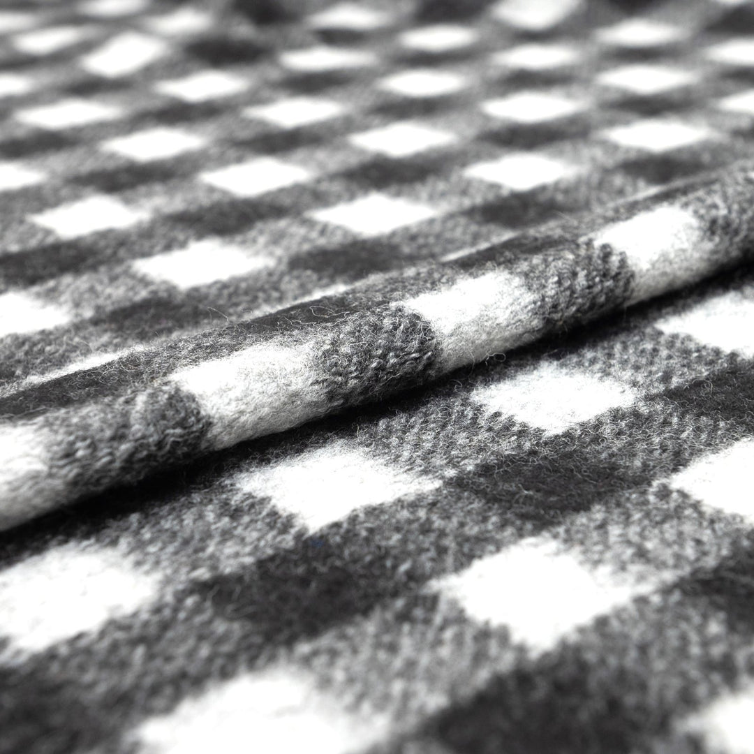 Black and White Buffalo Plaid Boiled Wool Fabric - Italian-Crafted Wool for Statement Coats & Jackets