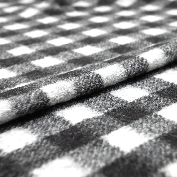 Black and White Buffalo Plaid Boiled Wool Fabric - Italian-Crafted Wool for Statement Coats & Jackets