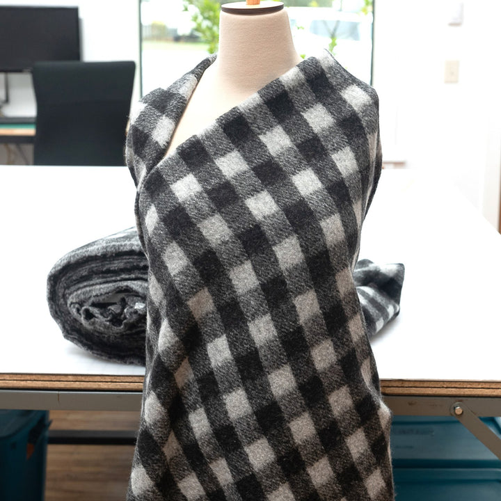 Black and White Buffalo Plaid Boiled Wool Fabric - Italian-Crafted Wool for Statement Coats & Jackets