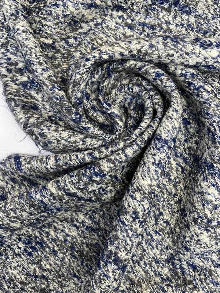 Gray, white, and blue mottled tweed cotton wool blend fabric, Italian heavyweight 55-inch wide, ideal for coats, skirts, dresses, and suiting