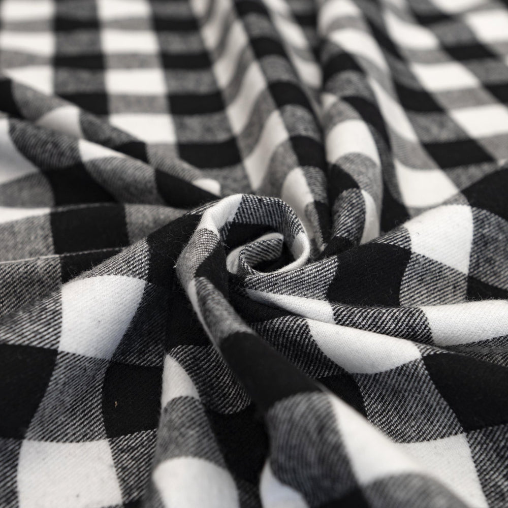 Black and white buffalo plaid cotton flannel fabric - wide-width brushed textile for shirts and pajamas
