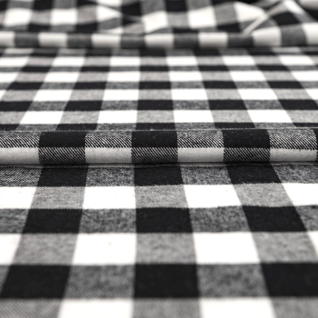 Black and white buffalo plaid cotton flannel fabric - wide-width brushed textile for shirts and pajamas