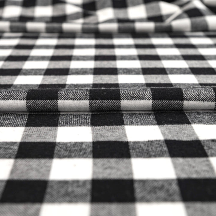 Black and white buffalo plaid cotton flannel fabric - wide-width brushed textile for shirts and pajamas