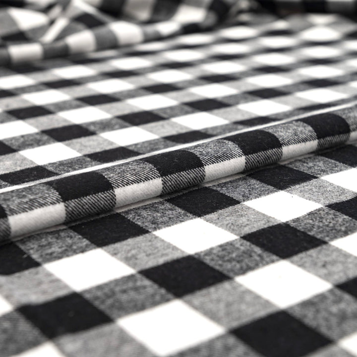 Black and white buffalo plaid cotton flannel fabric - wide-width brushed textile for shirts and pajamas