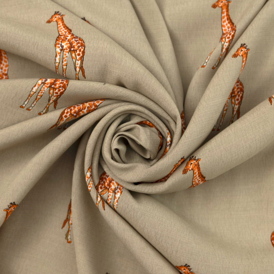 Viscose Crepe Fabric Giraffe Print on Tan Background – Flowing Dress Material