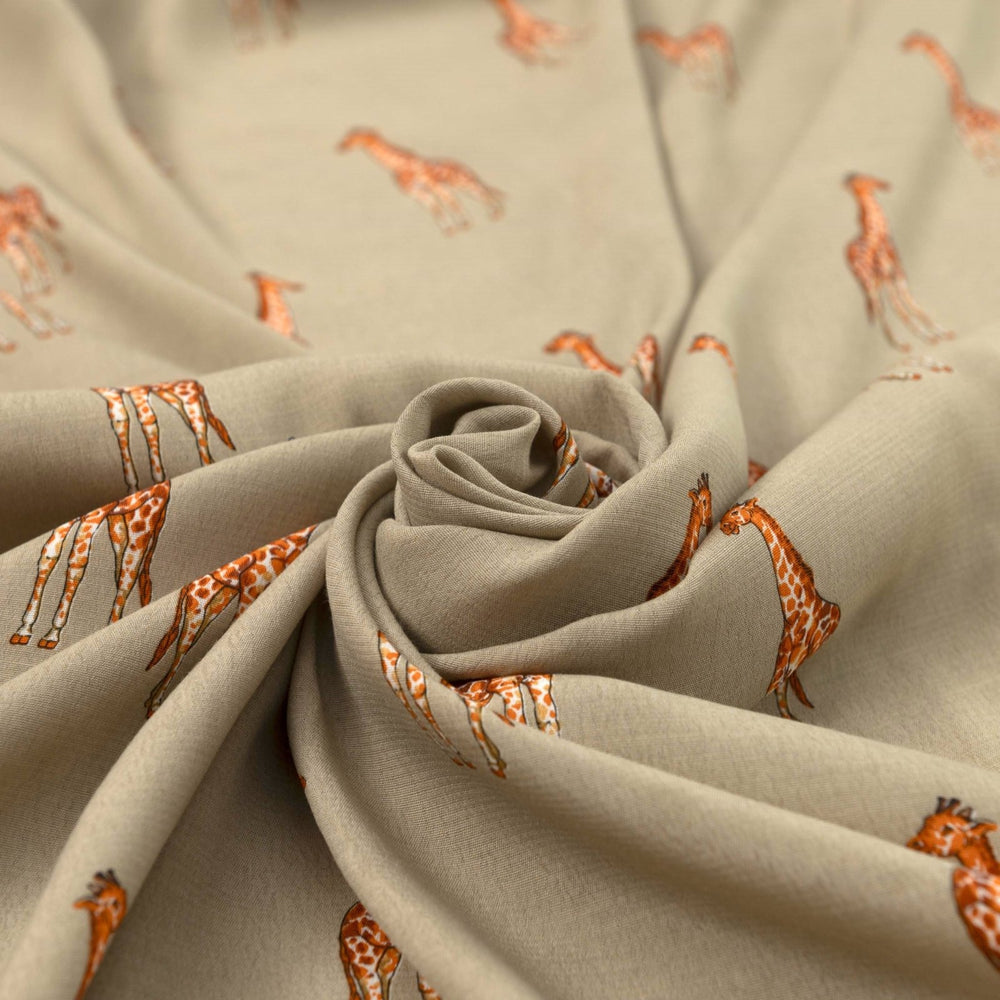 Viscose Crepe Fabric Giraffe Print on Tan Background – Flowing Dress Material