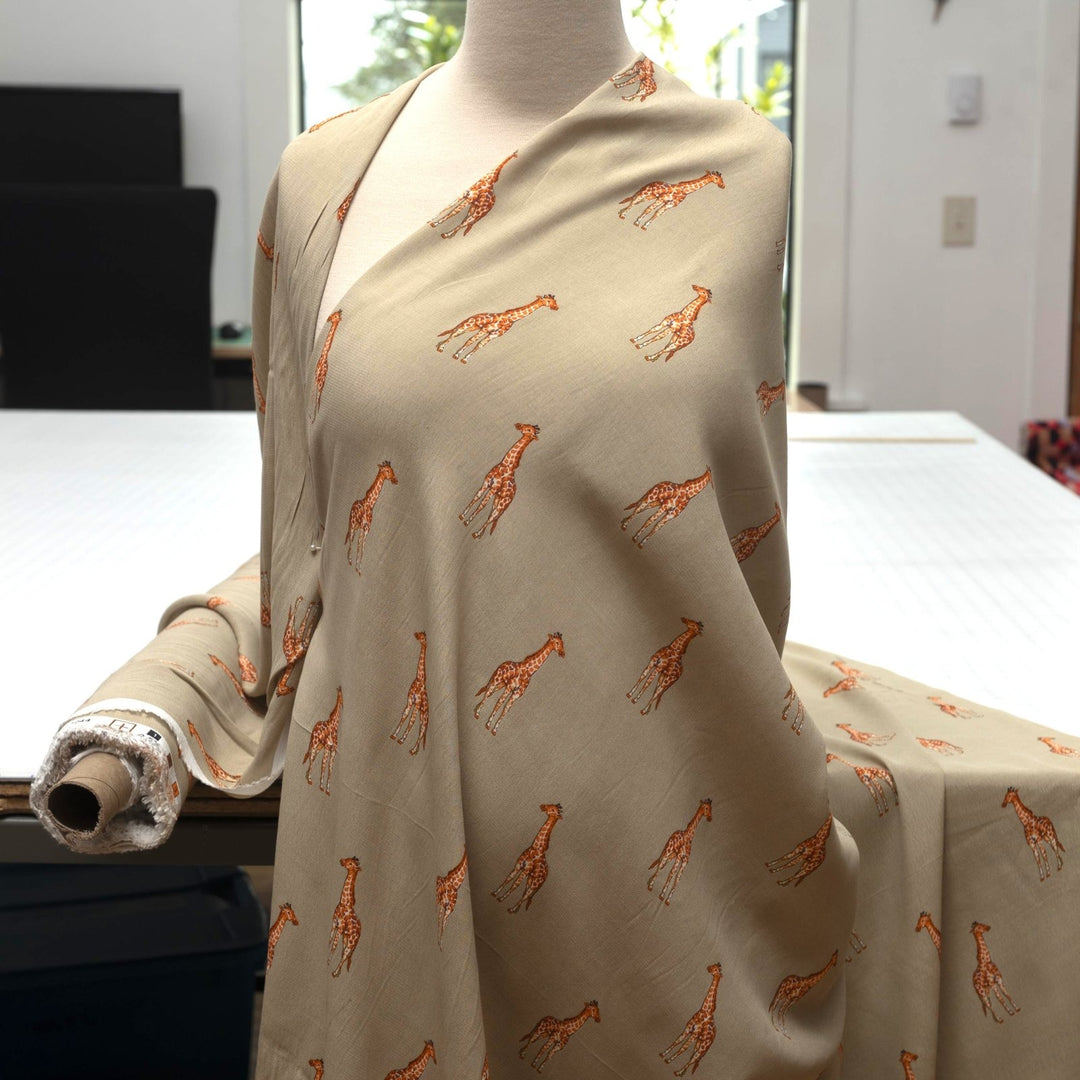 Viscose Crepe Fabric Giraffe Print on Tan Background – Flowing Dress Material