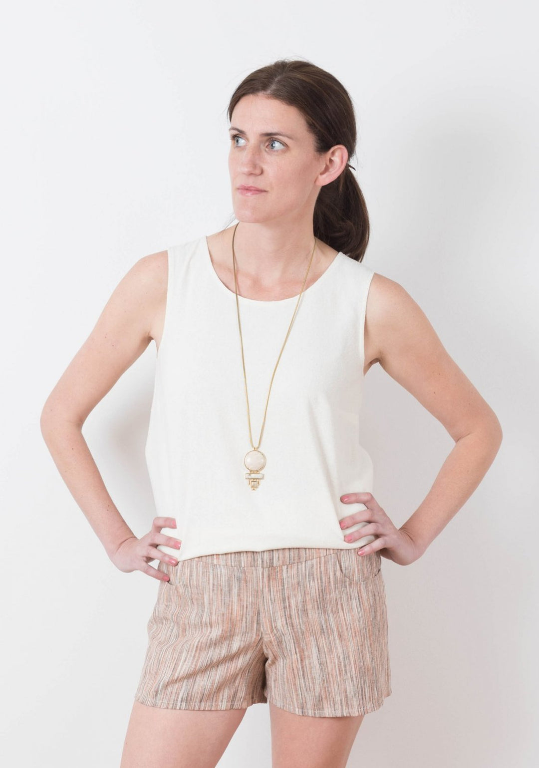 Grainline Studio Maritime Shorts sewing pattern with curved front pockets, back patch pockets, fly closure, sizes 0–18