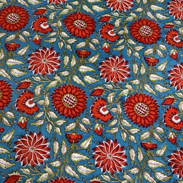 Indian Hand Printed Cotton - Red Floral Teal