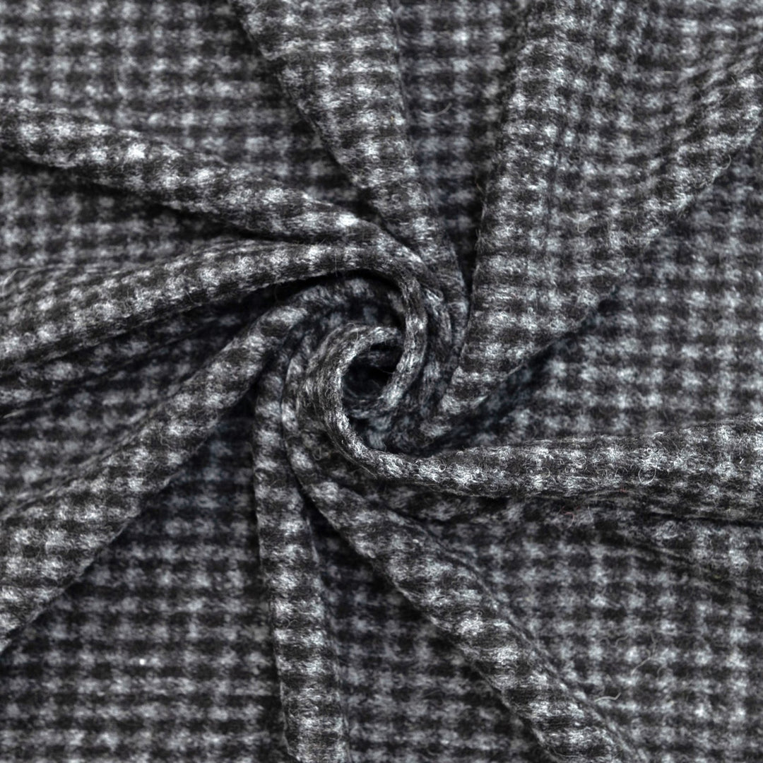 Black and Gray Checked Boiled Wool Fabric - Italian-Crafted Wool Blend for Tailored Coats & Jackets